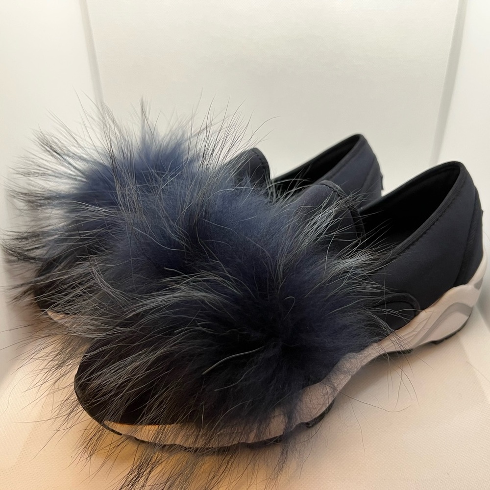 SUECOMMA BONNIE Ladies Navy Sneakers Real Fur Low Top Size 37.5